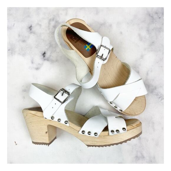 MIA Gertrude White Leather Cross Strap Peep Toe Clog Sandals Wood Heel Sz 39 - Picture 2 of 10